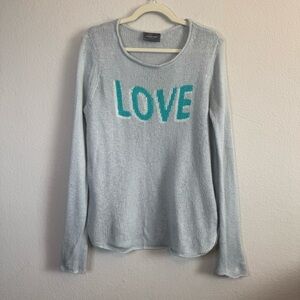 Wooden Ships Mohair Wool Blend lightweight Love Spellout Sweater Gray Green S/M